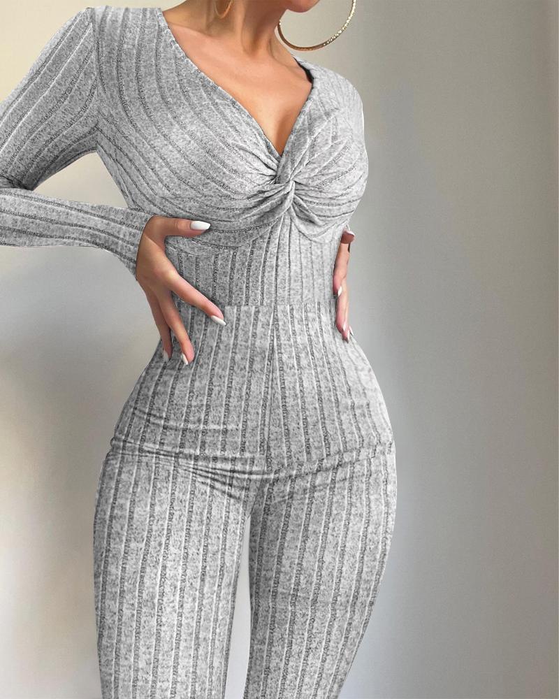 

Twisted Long Sleeve Ribbed Jumpsuit, Gray