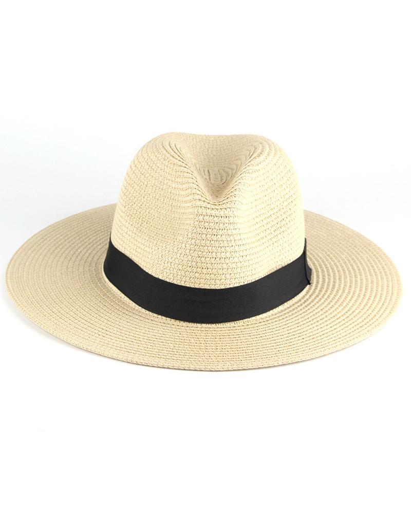 

Contrast Tape Straw Hat, Beige