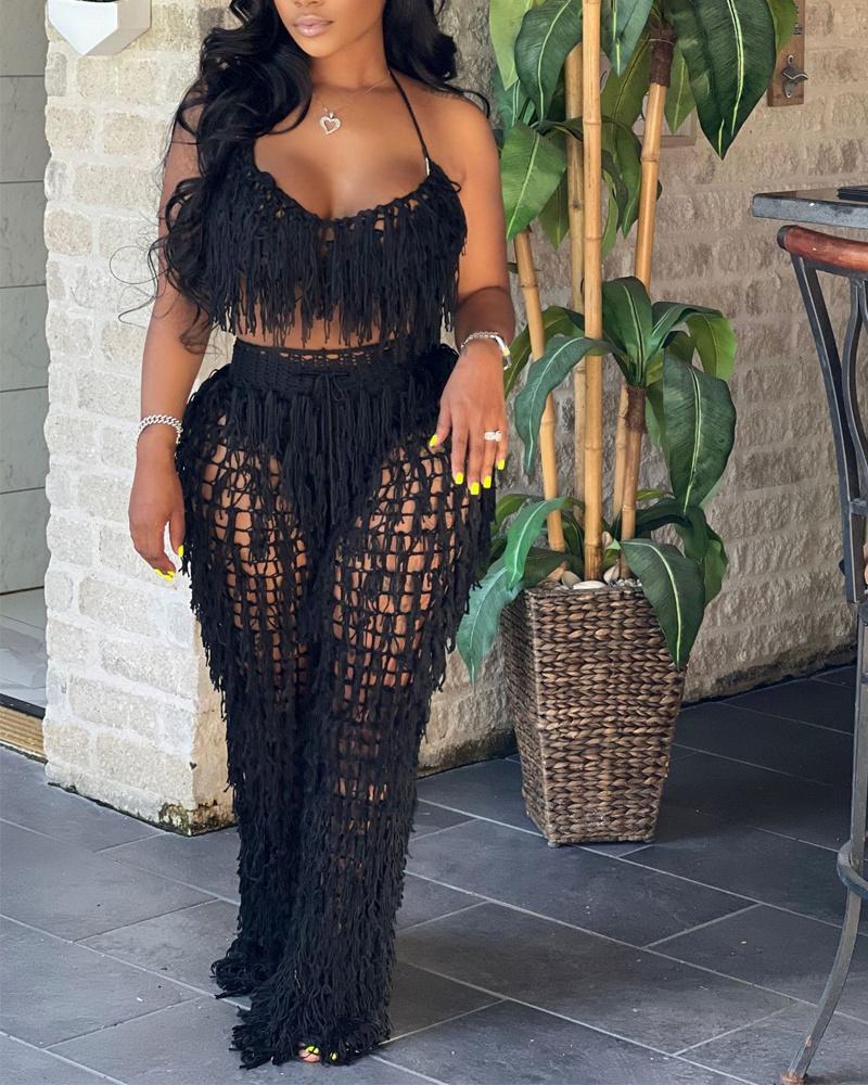 

Halter Tassel Design Crochet Bikini Top & High Waist Pants Set, Black