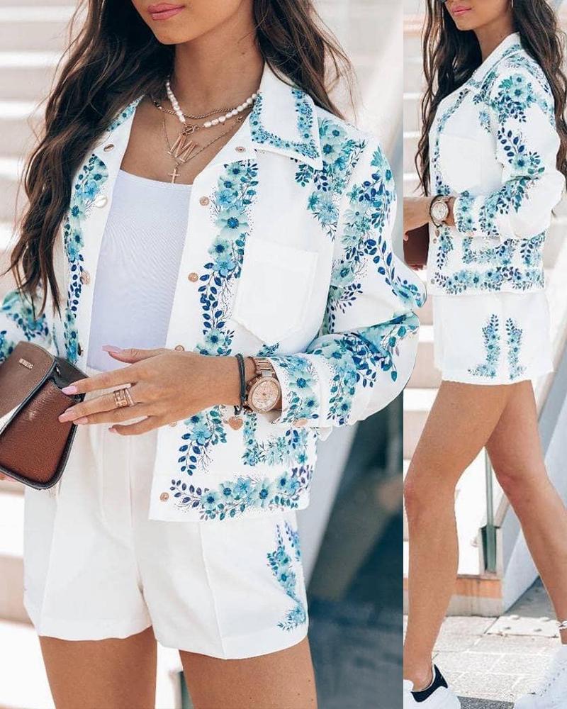 

Plants Print Button Front Coat & Shorts Set, Blue