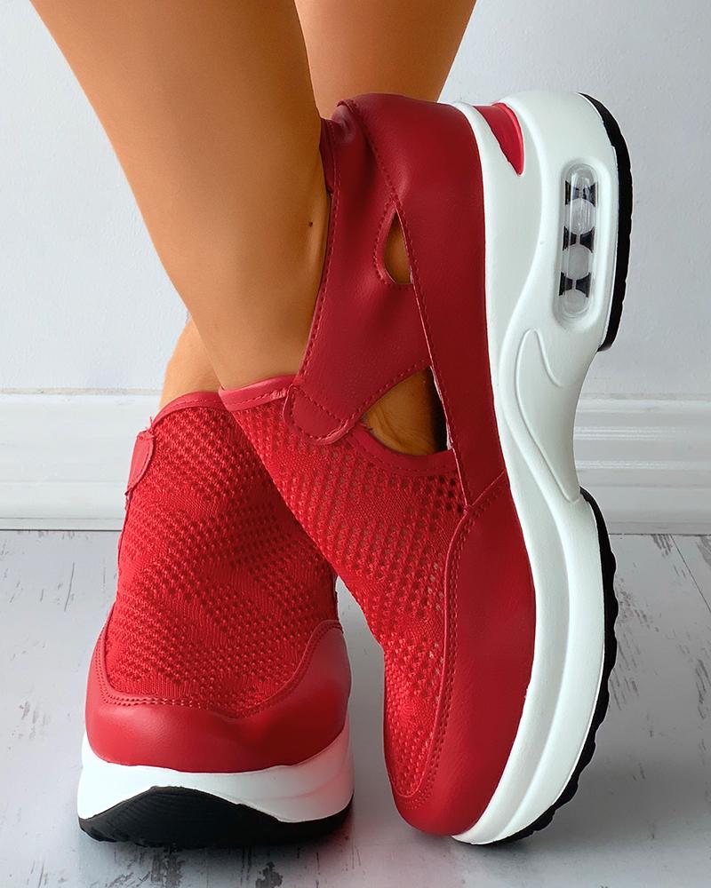 

Velcro Knit Patch Cutout Wedge Sneakers, Red