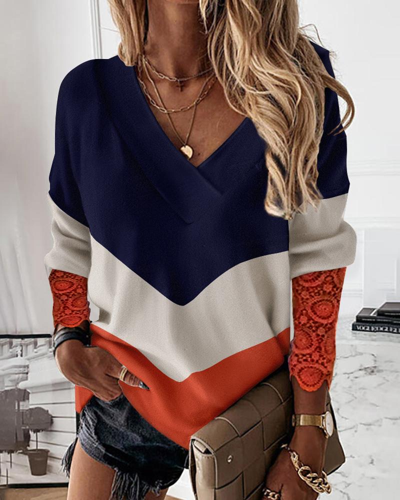 

Colorblock Contrast Lace Long Sleeve Top, Multicolor