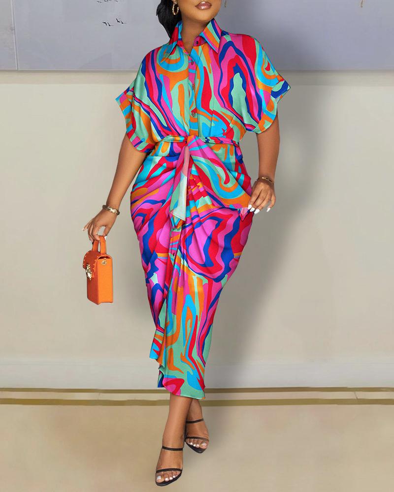 

Abstract Print Ruched Button Down Shirt Dress, Multicolor