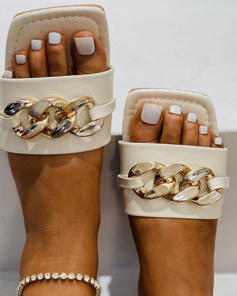 

Chain Decor Square Toe Flat Sandals, Beige