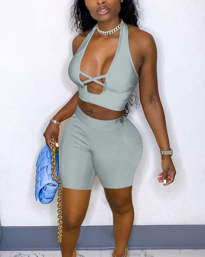 

Solid Sleeveless Skinny Tanks With Shorts Suit Sets, Gray