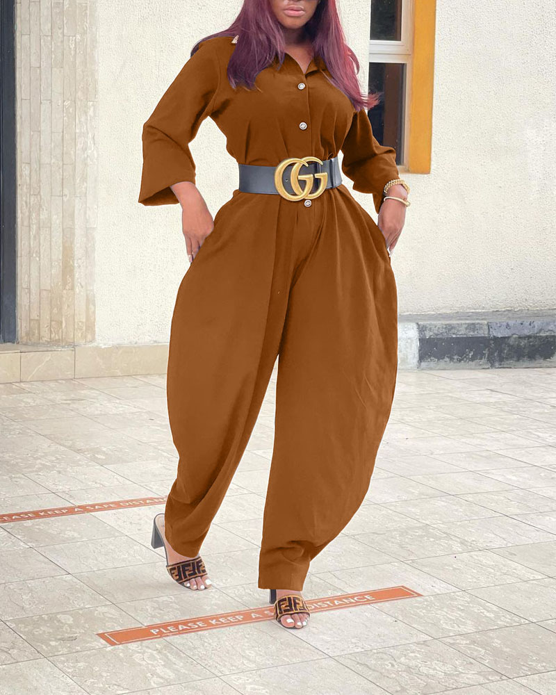 

Long Sleeve Button Front Harem Jumpsuit, Khaki