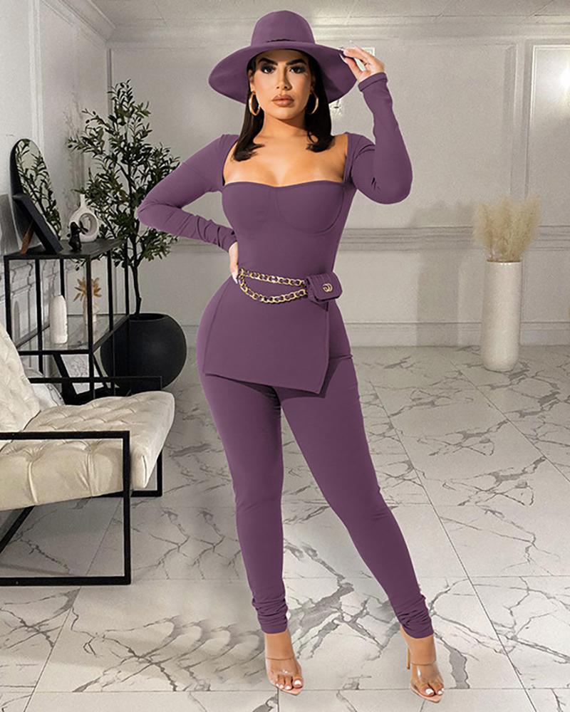 

Long Sleeve Slit Top & High Waist Pants Set, Purple