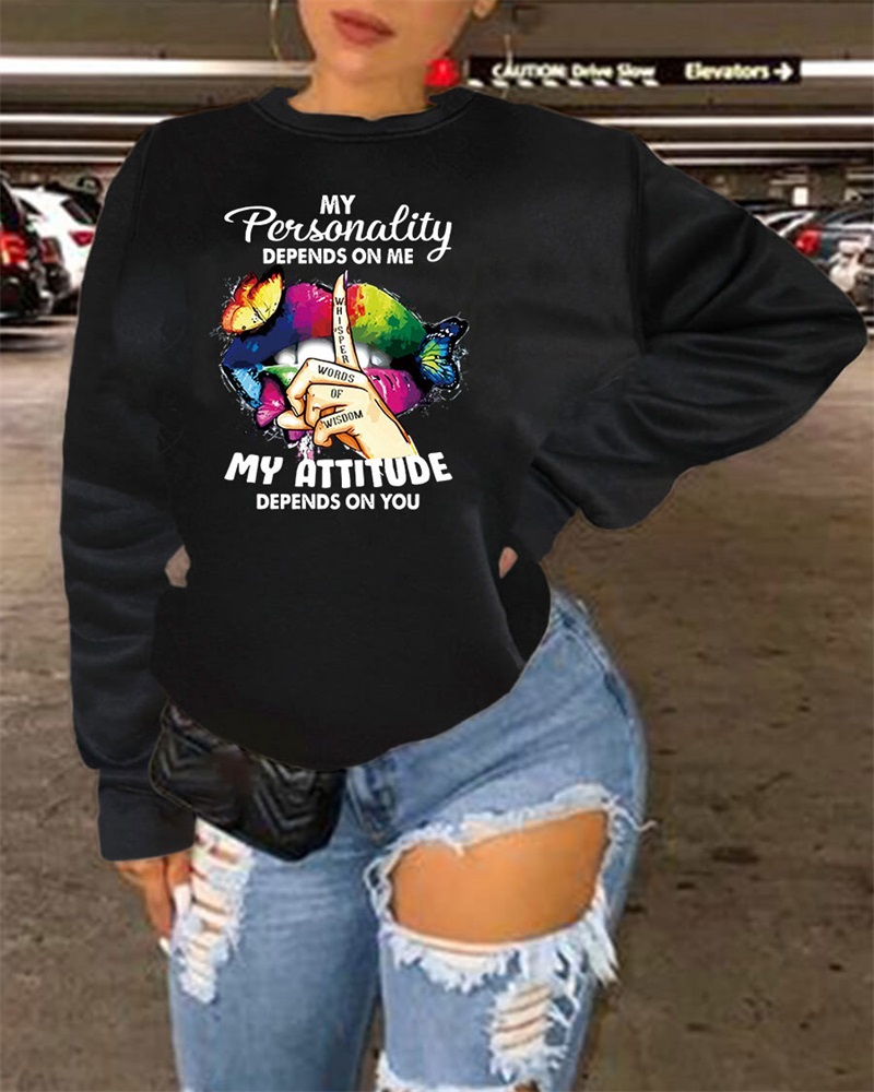 

Slogan Butterfly Print Long Sleeve Sweatshirt, Black