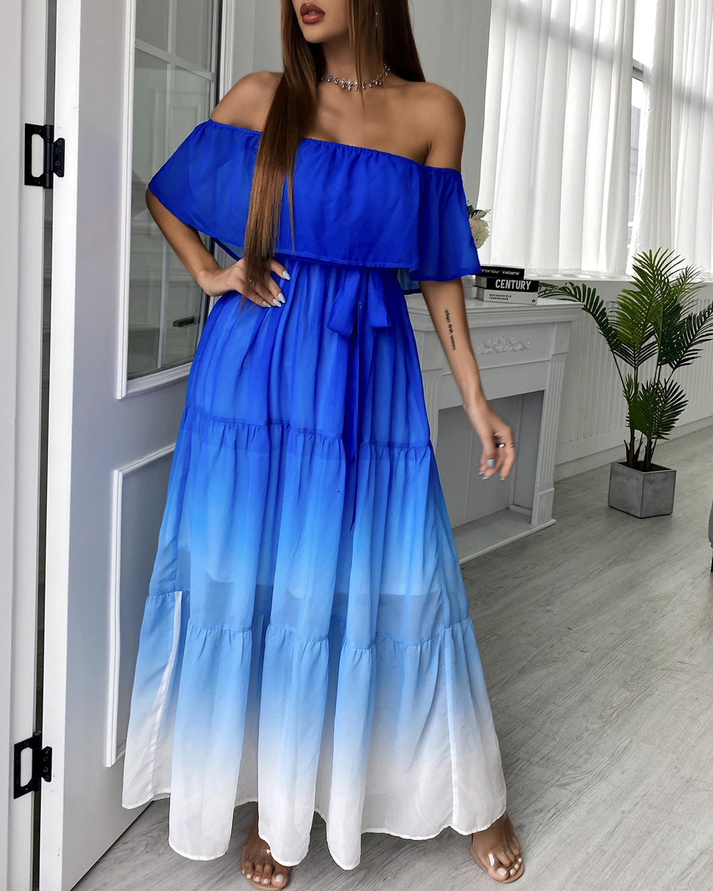 

Ombre Off Shoulder Ruffle Hem Belted Maxi Dress, Blue