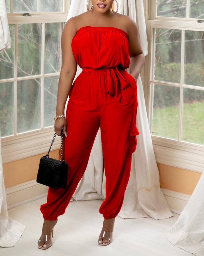

Pocket Design Belted Bandeau Jumpsuit, Red