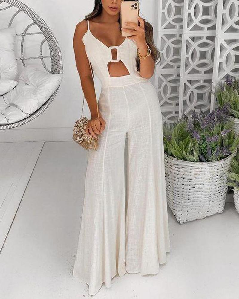 

Spaghetti Strap Buckled Cutout Wide Leg Jumpsuit, White