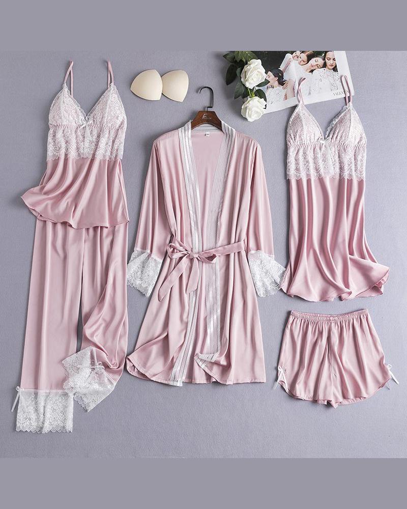 

Satin 5Pcs Cami Pajama Set, Pink