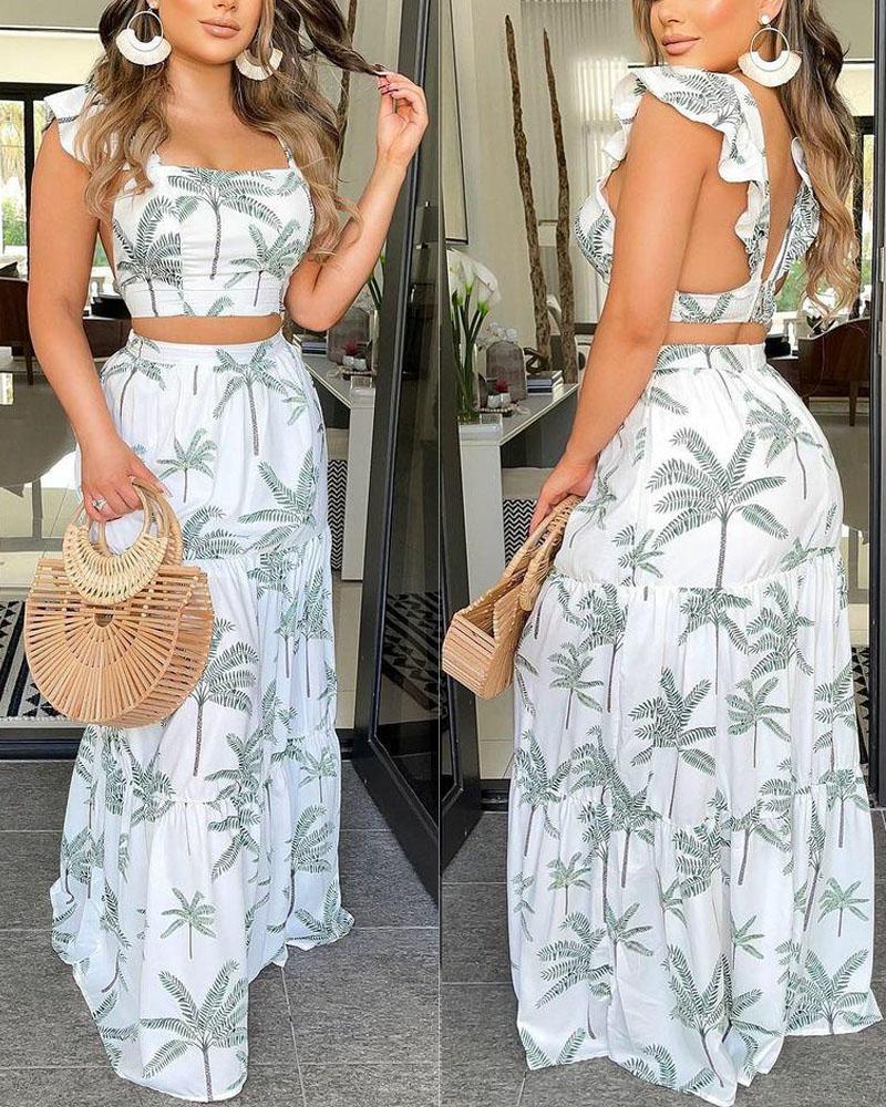 

Coconut Tree Print Crop Top & Skirt Set, White