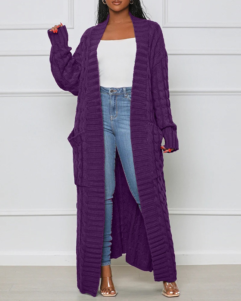 

Open Front Cable Knit Longline Cardigan, Purple