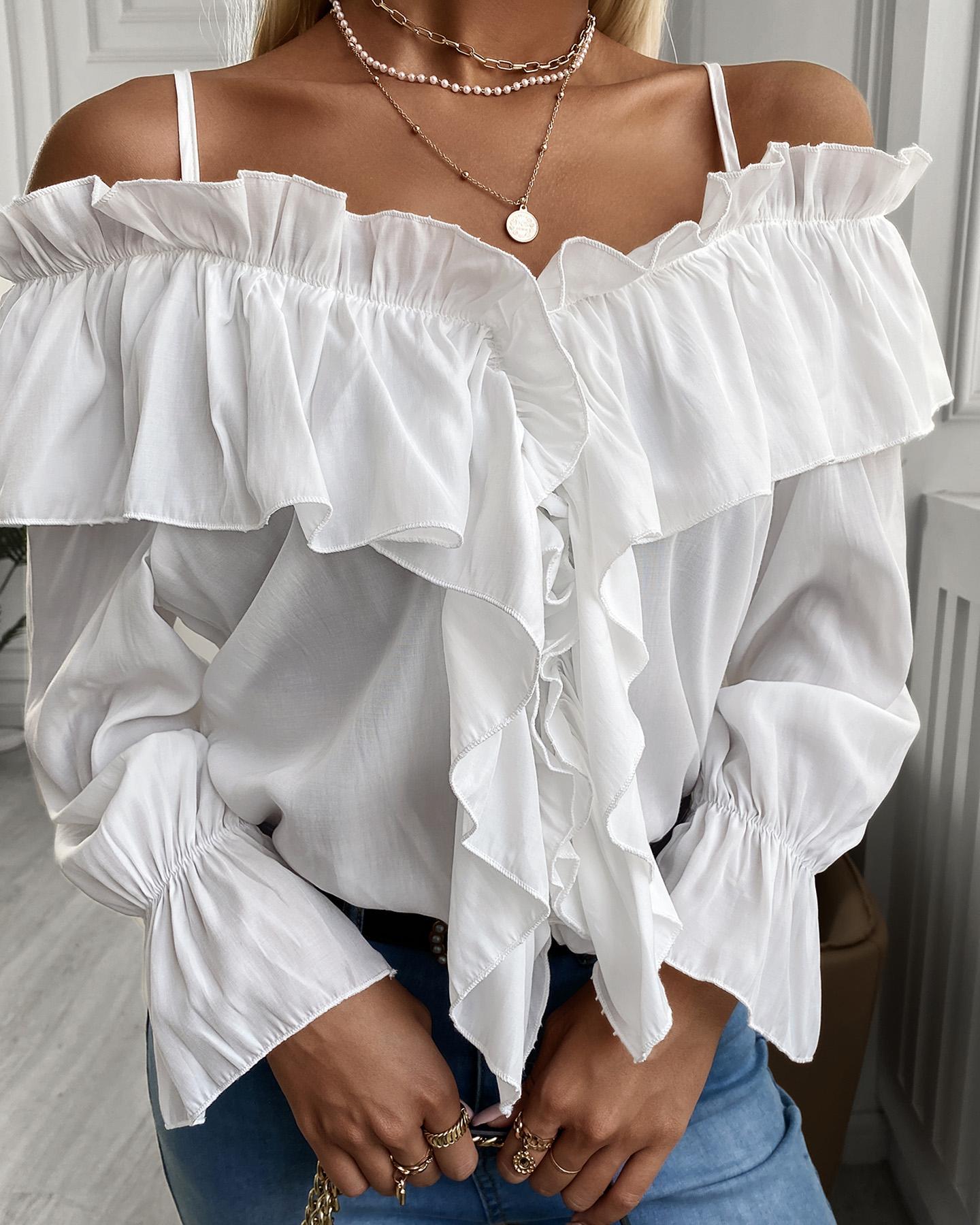 

Cold Shoulder Frill Hem Ruffles Bell Sleeve Top, White