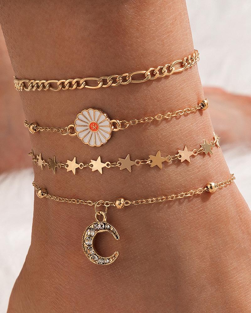

Star & Moon & Daisy Rhinestone Chain Anklet, Gold