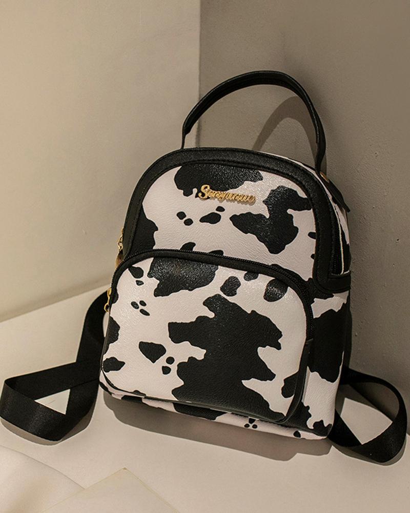 

Snakeskin Cow Print Zipper Design Backpack Trendy School Bag, Black
