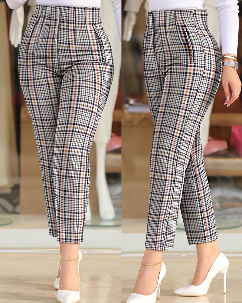 High Waist Ruched Plaid Print Work Pants