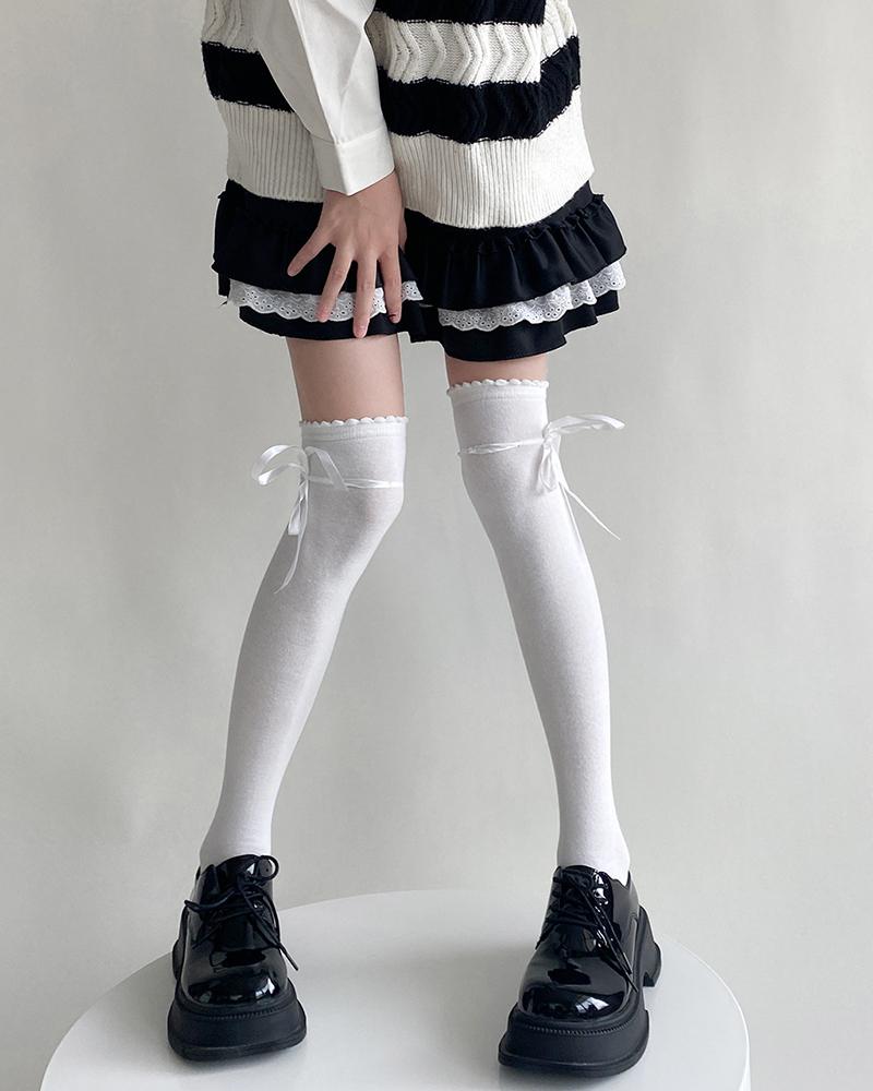 

1Pair Tied Detail Frill Hem Over-The-Knee Socks, Style1