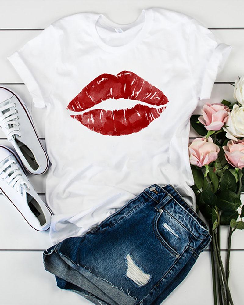 

Lip Letter Print Short Sleeve O Neck Leisure T-shirt, Style4