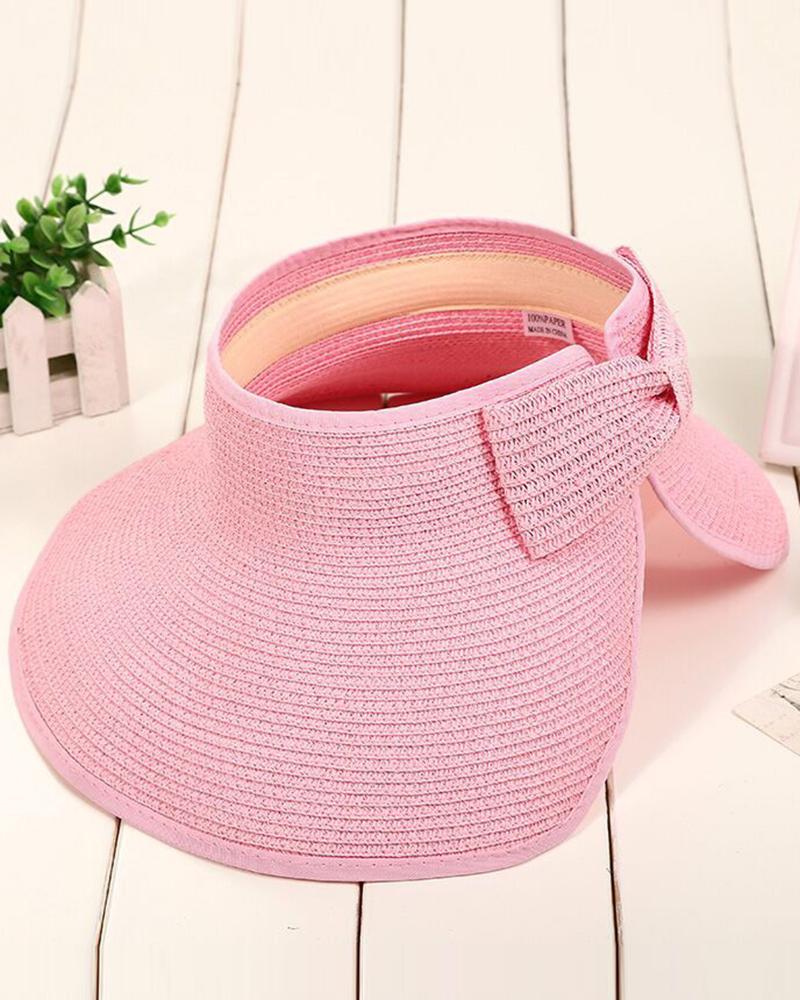 

Bowknot Design Wide Brim Sun Visor Straw Hat, Pink