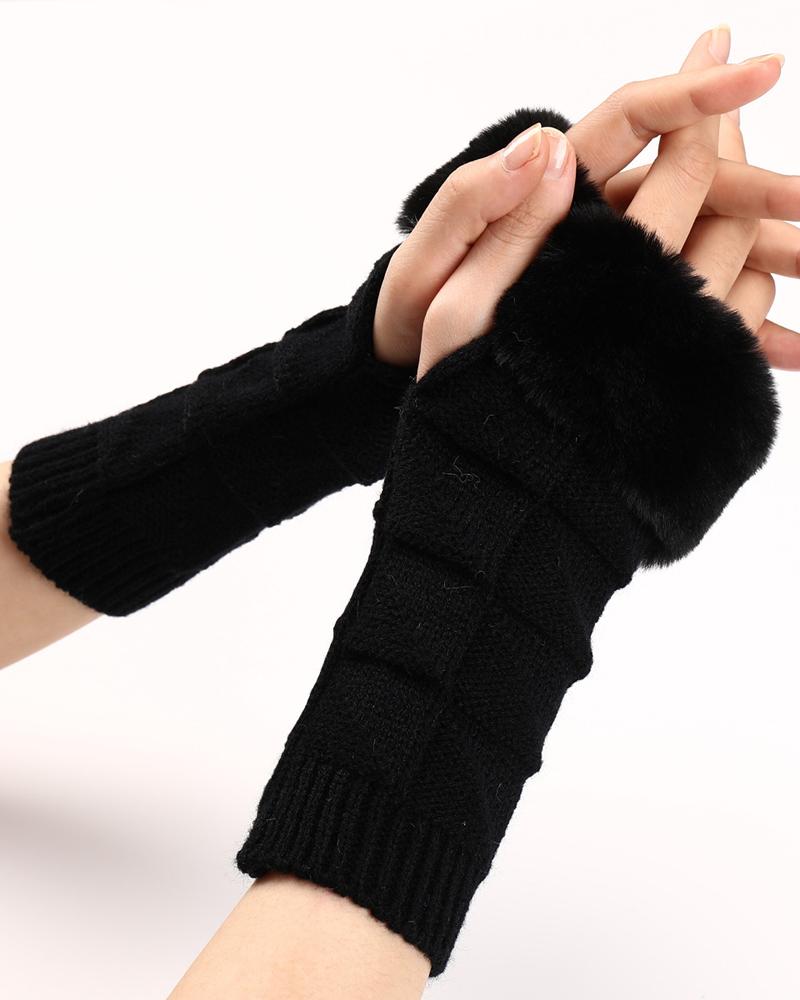 

1Pair Fuzzy Trim Warm Knit Fingerless Gloves, Black