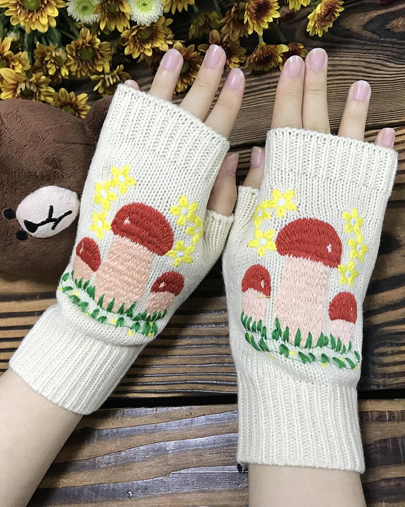 

1Pair Mushroom Floral Embroidery Fingerless Knit Gloves, White