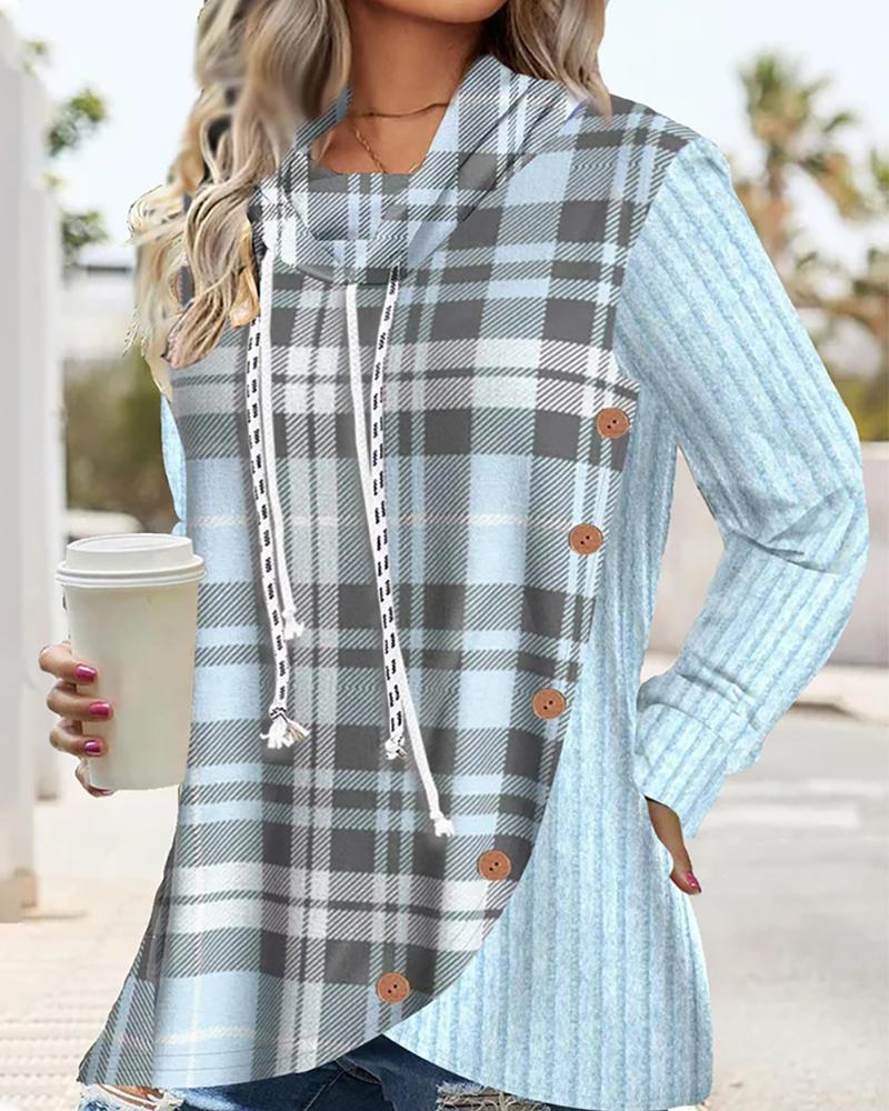 

Plaid Print Colorblock Drawstring Buttoned Overlap Hoodie, Blue