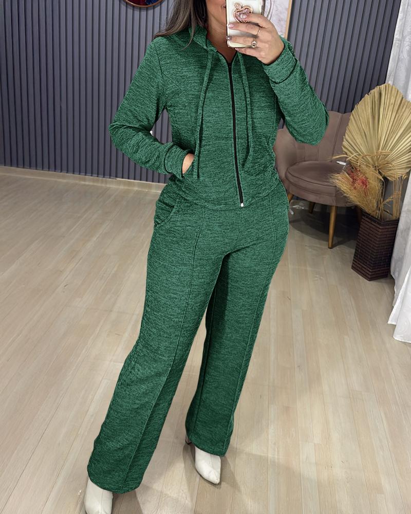 

Conjunto de 2 peças de cardigan de malha com capuz e manga comprida e calças largas casuais, Dark green