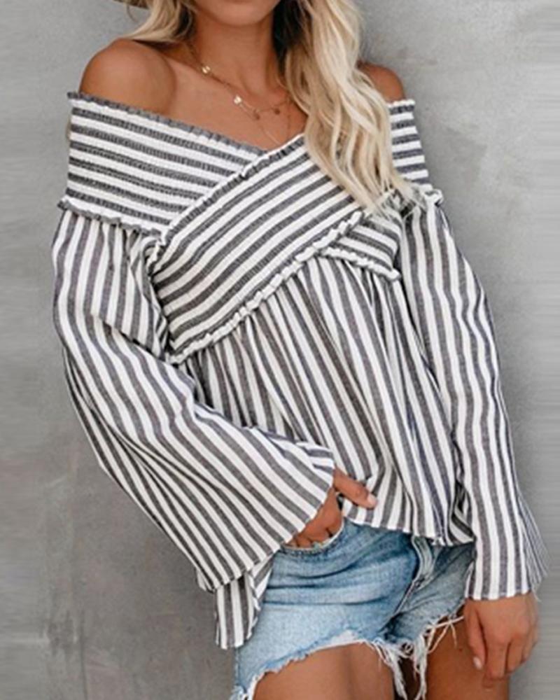 

Off Shoulder V-neck Striped Irregular Blouse, Gray