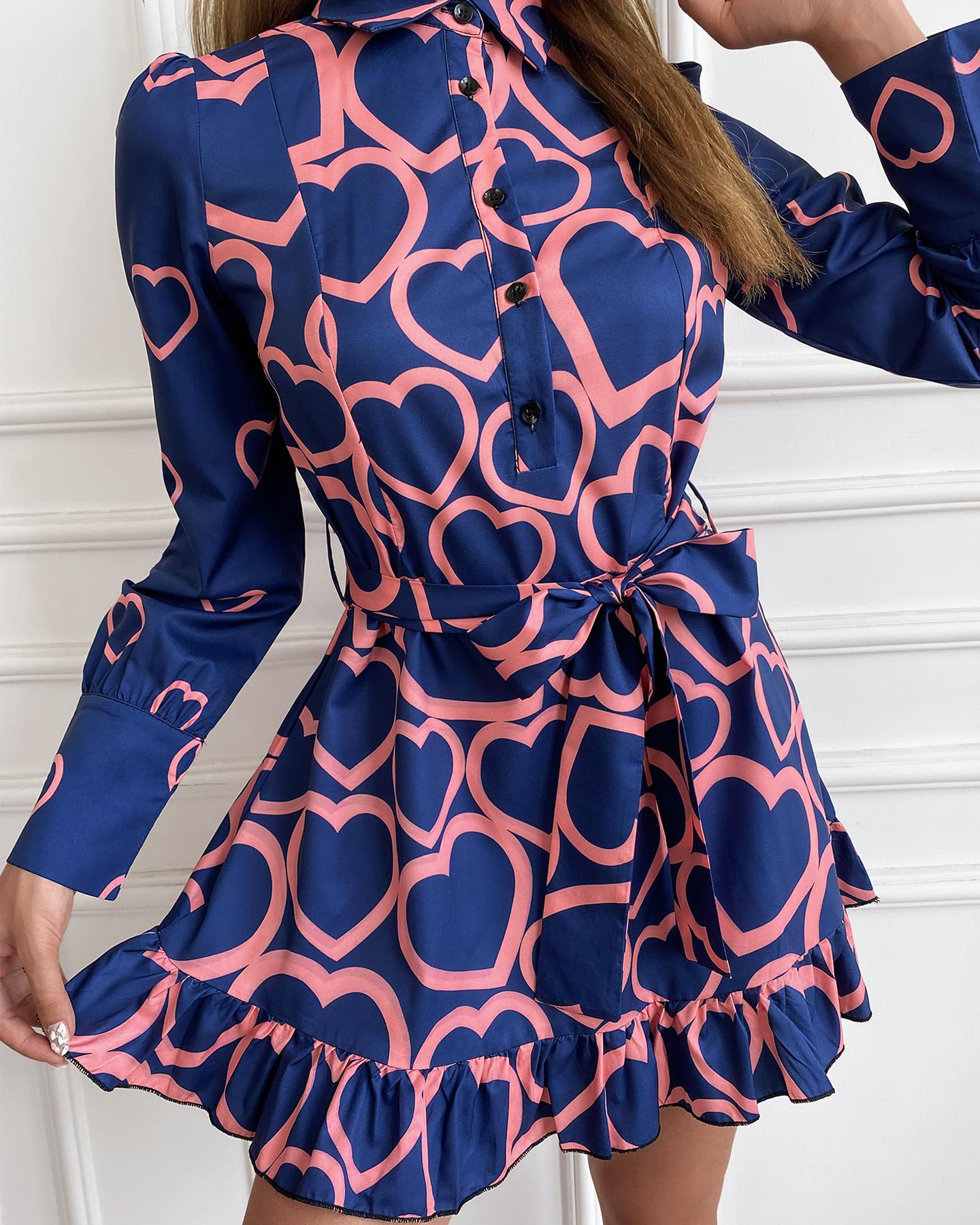 

Heart Print Long Sleeve Ruffle Hem Tie Front Dress, Dark blue
