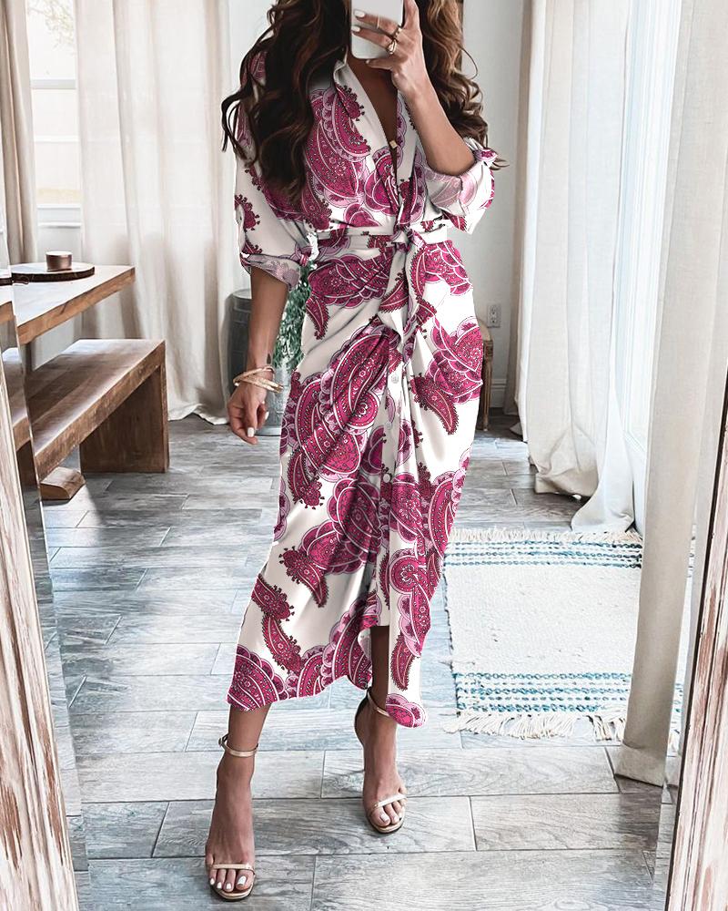 

Paisley Print Button Self Tie Casual Shirt Dress, Hot pink