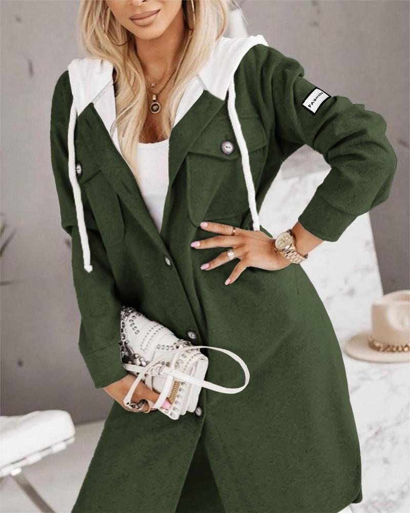 

Buttoned Pocket Design Longline Hooded Coat, Army green