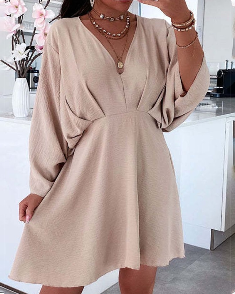 

Ruced Batwing Sleeve Casual Dress, Khaki