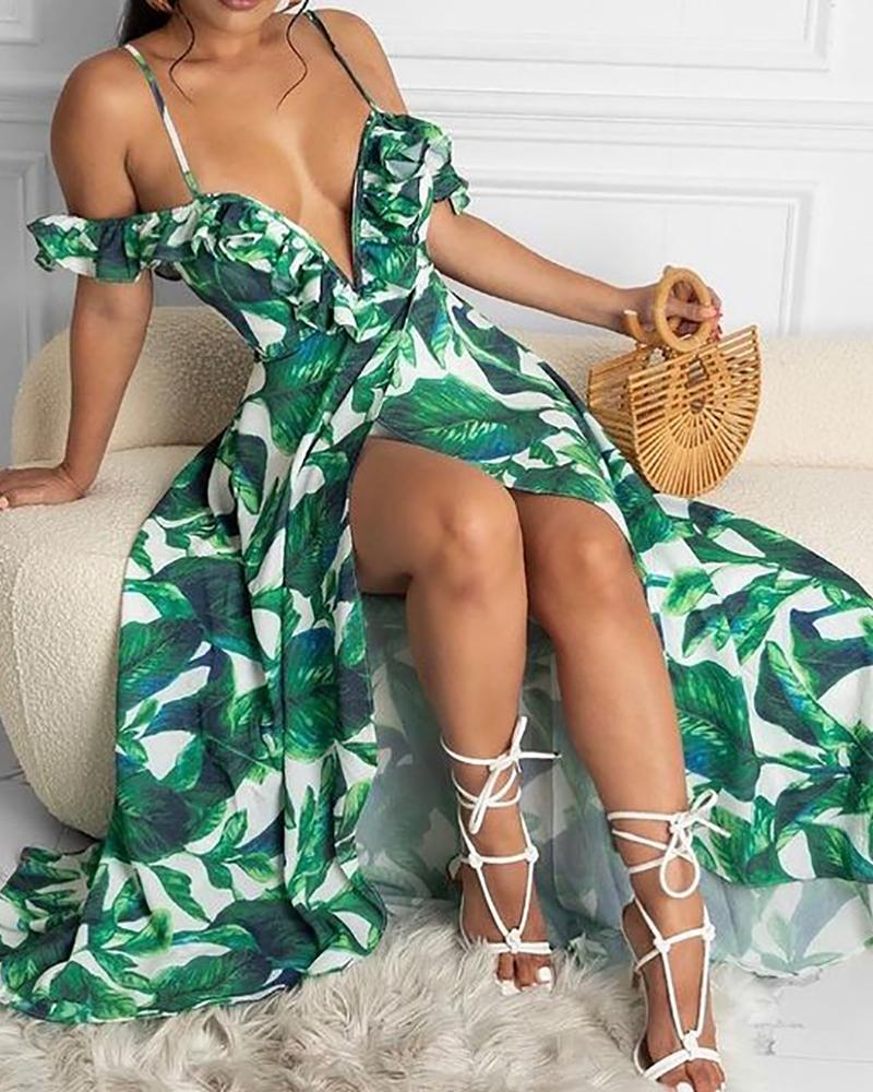 

Leaf Print Cold Shoulder Slit Maxi Dress, Green