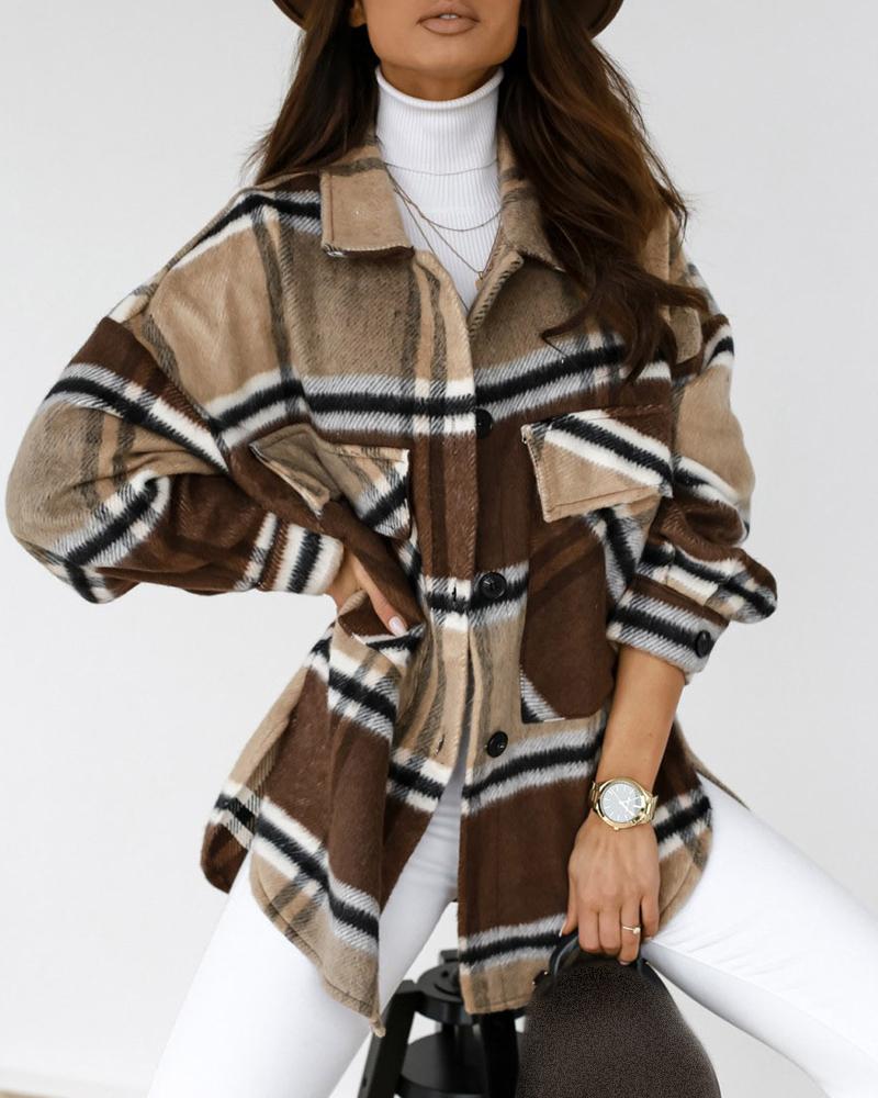 

Button Design Checked Shacket Coat, Brown