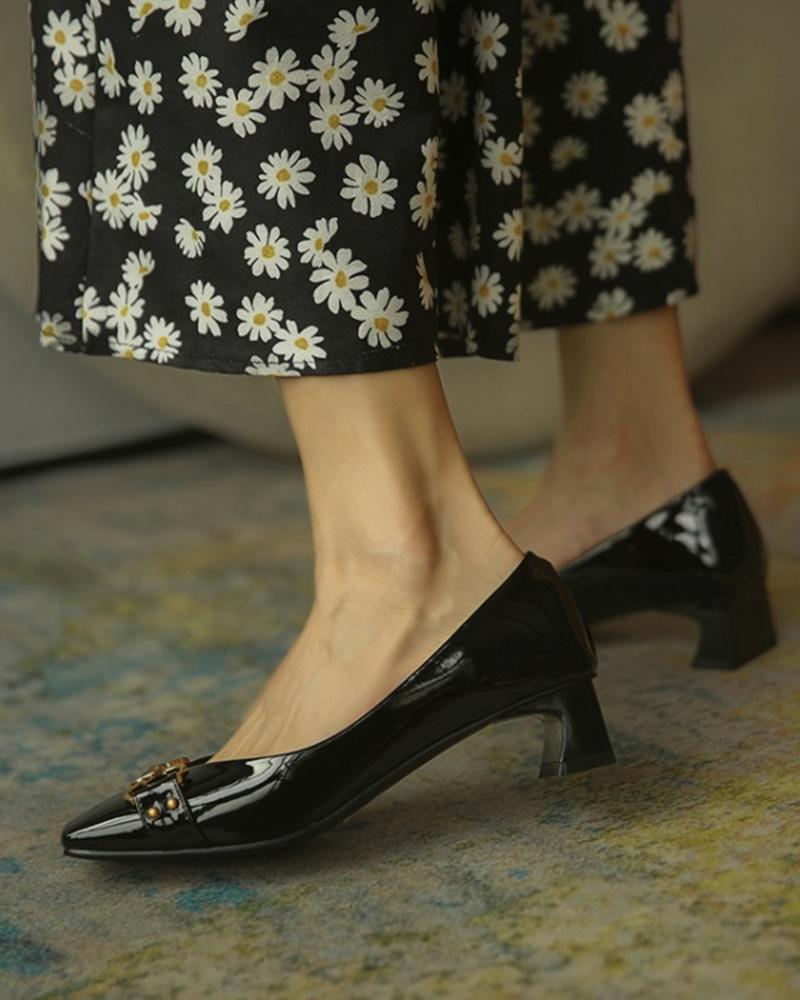 

Square Toe Metal Decor Chunky Heels, Black