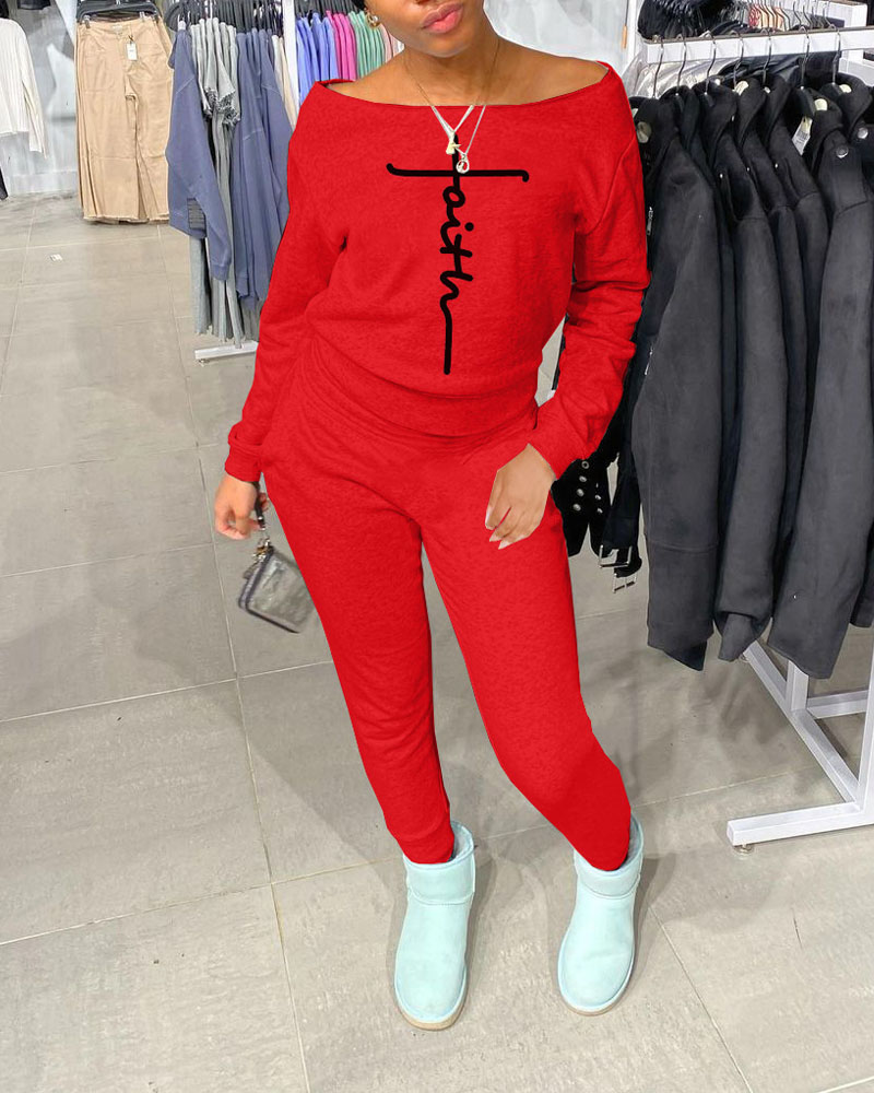 

Faith Print Long Sleeve Top & Pants Set, Red