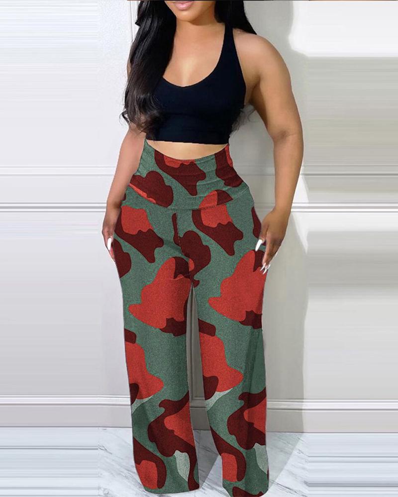 

Plus Size Camouflage Print High Waist Pants, Green