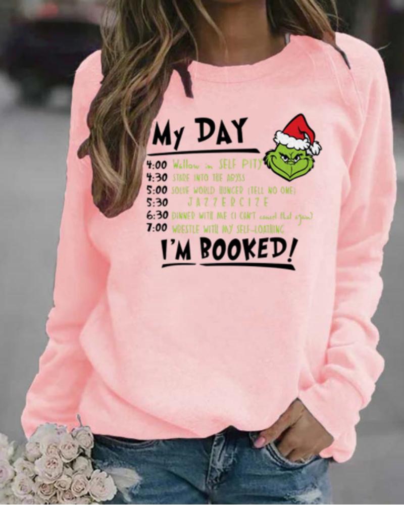 

Christmas Grinch Letter Print Long Sleeve Top, Pink