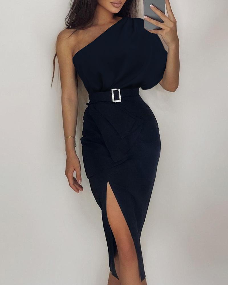 

One Shoulder Ruffles Slit Party Dress, Black
