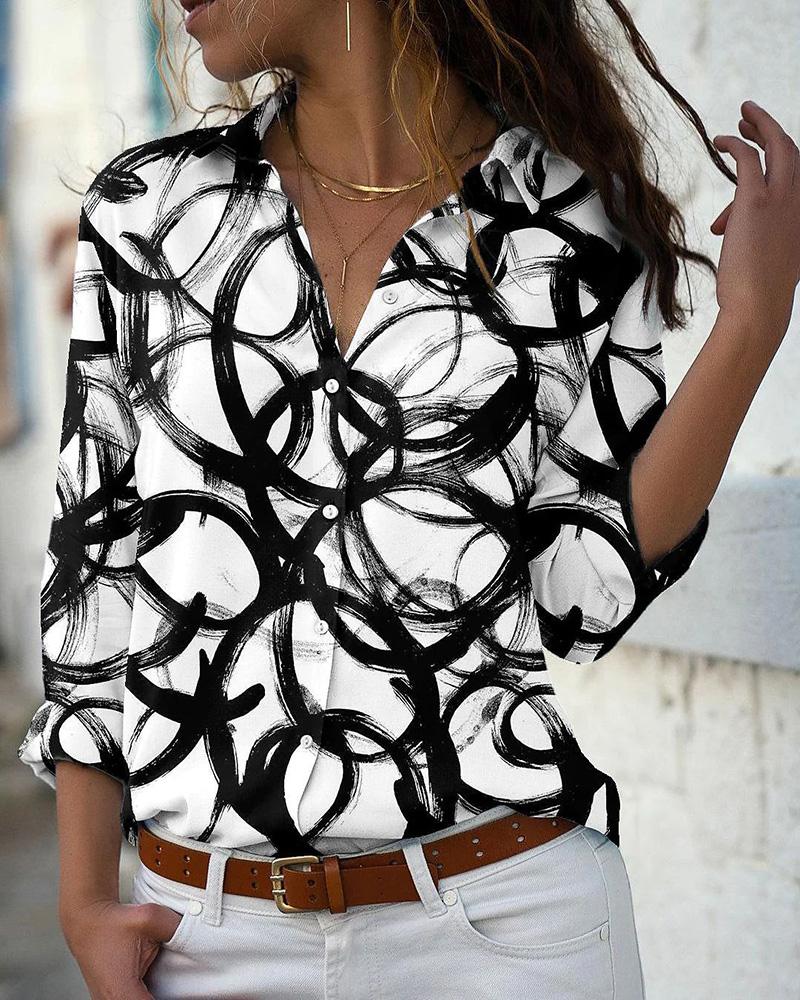 

Abstract Print Long Sleeve Buttoned Shirt, White