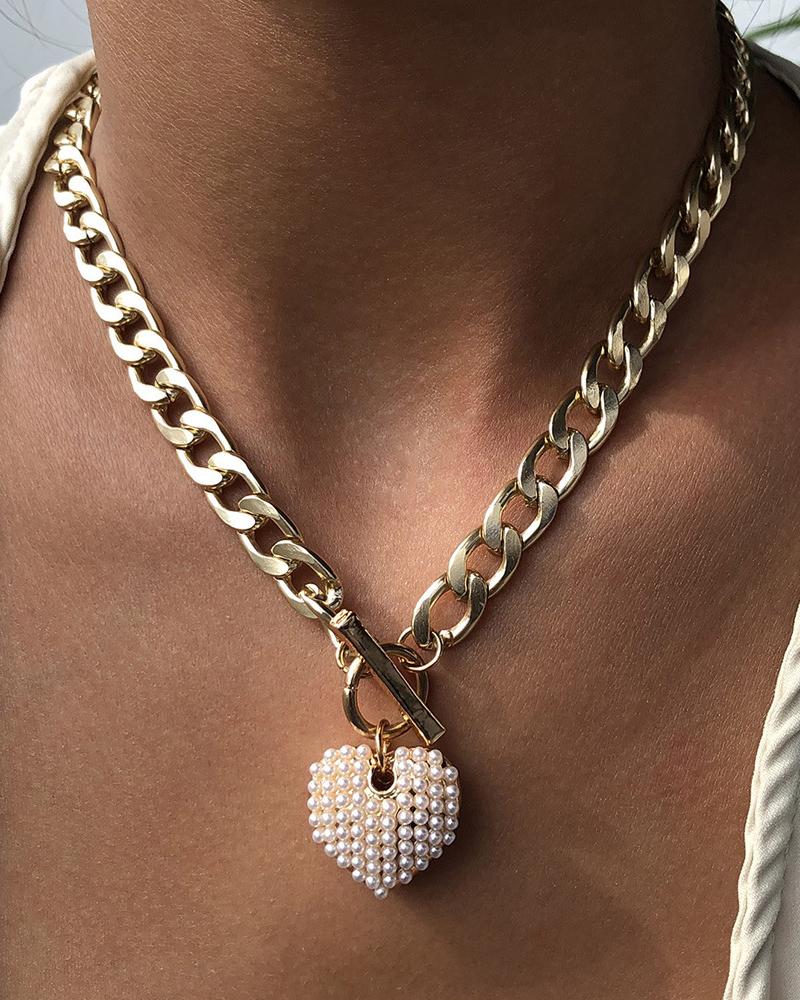 

Heart Pattern Beaded Chain Necklace, Gold