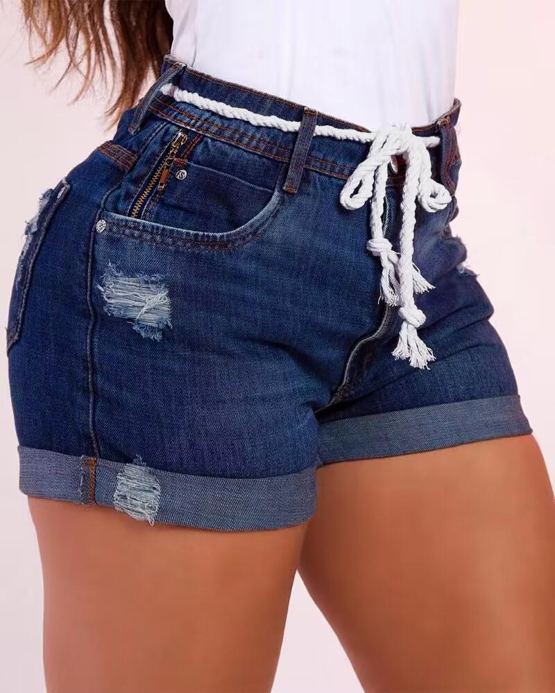 

Zipper Design Ripped Denim Shorts, Blue