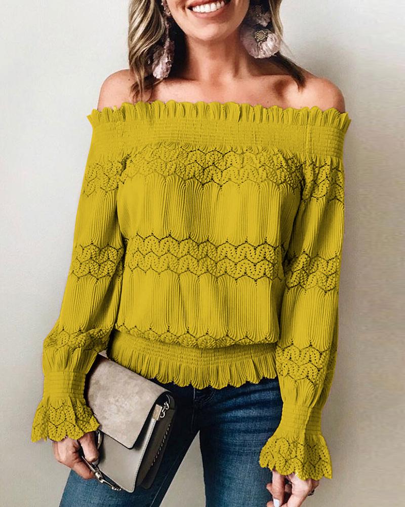 

Off Shoulder Shirring Detail Frill Hem Long Sleeve Top, Yellow