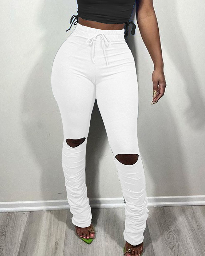 

Cutout Ruched Drawstring Casual Pants, White