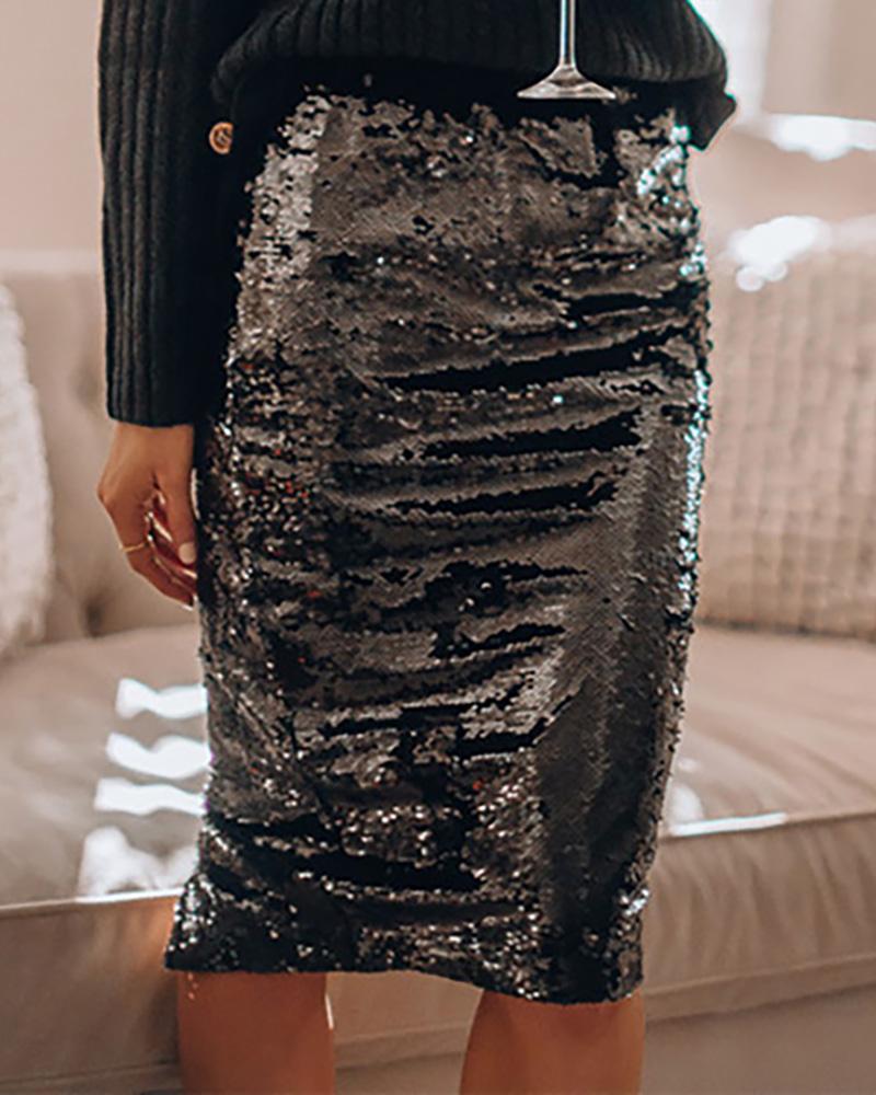 

Sequins High Waist Midi Skirt, Black