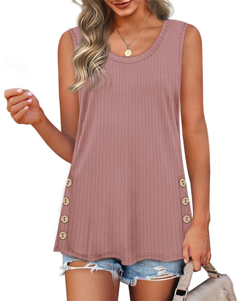 

Round Neck Button Decor Tank Top, Pink