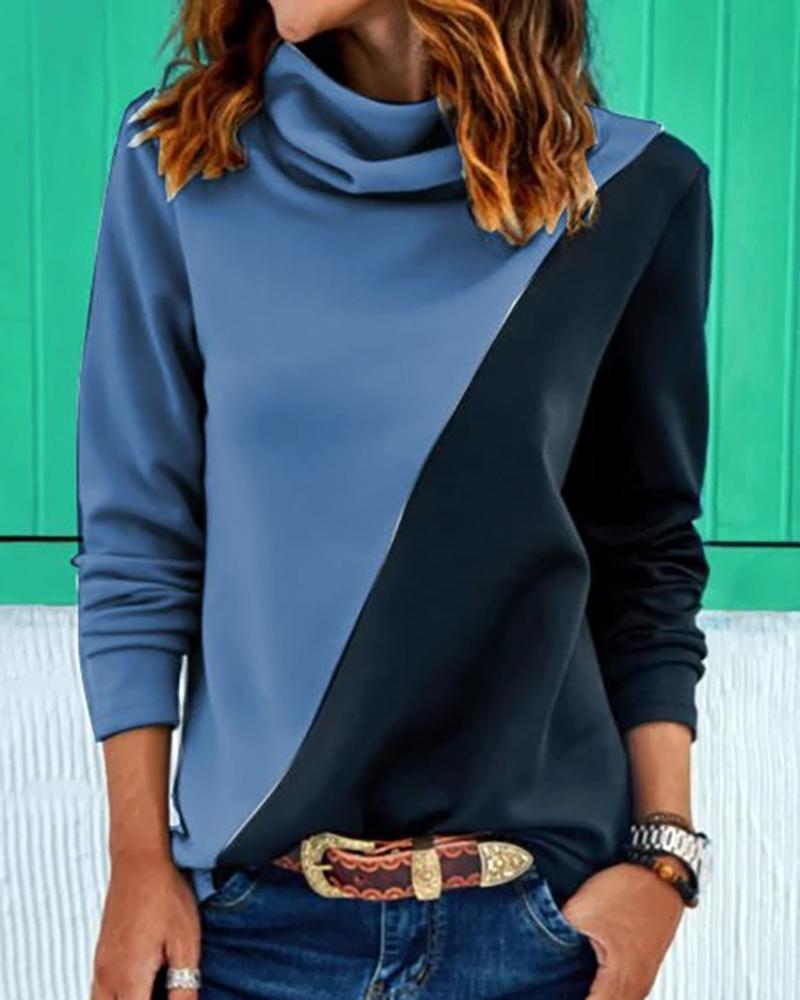 

High Neck Colorblock Long Sleeve Sweatshirt, Blue