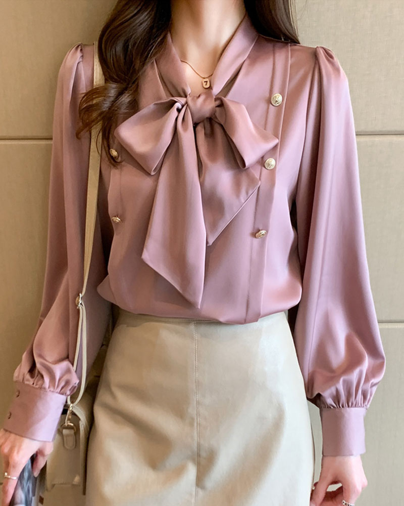 

Long Sleeve Tie Neck Button Decor Top, Pink